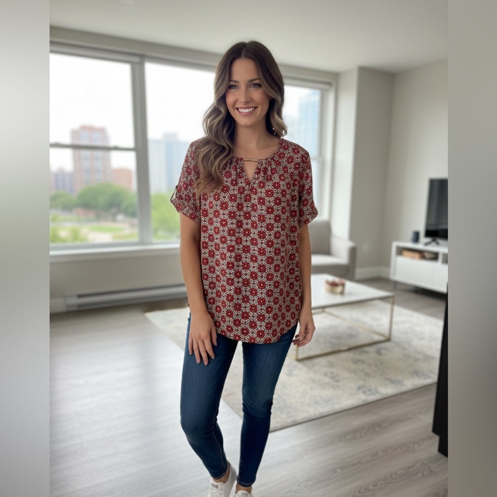 Liz Claiborne Red and White Geometric Blouse